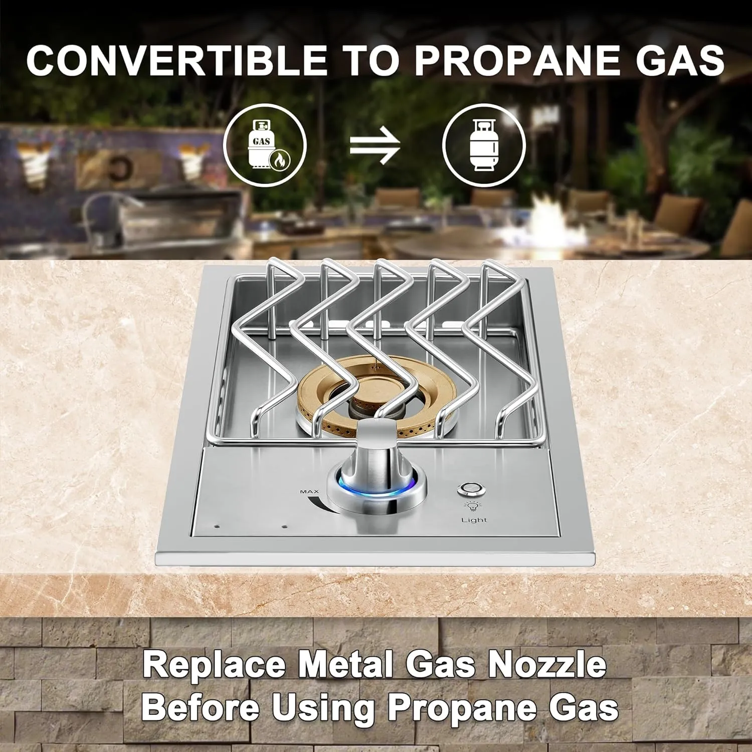 Single Grilling Side Burners for Outdoor Grill, 17,500BTU Natural Gas Side Burner with Liquid Propane Kit, Sturdy 304 Stainless Steel, Drop-in Side Burner for Outdoor Kitchen BBQ Island