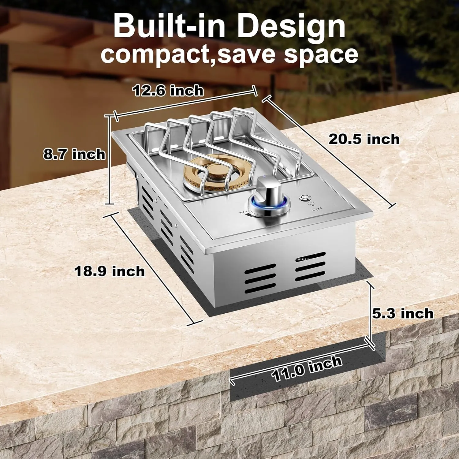 Single Grilling Side Burners for Outdoor Grill, 17,500BTU Natural Gas Side Burner with Liquid Propane Kit, Sturdy 304 Stainless Steel, Drop-in Side Burner for Outdoor Kitchen BBQ Island