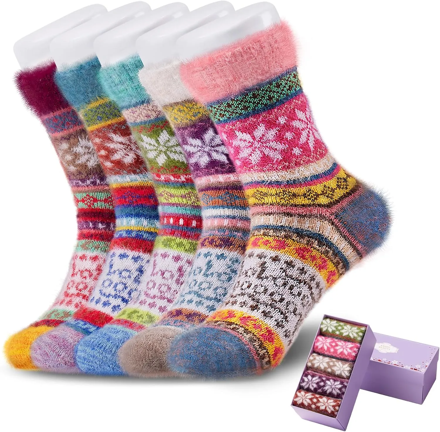 SISOSOCK 5 Pairs Fuzzy Cozy Warm Socks for Women Winter Wool Thick Casual Home Sleeping Soft Comfy Socks Gifts for Women