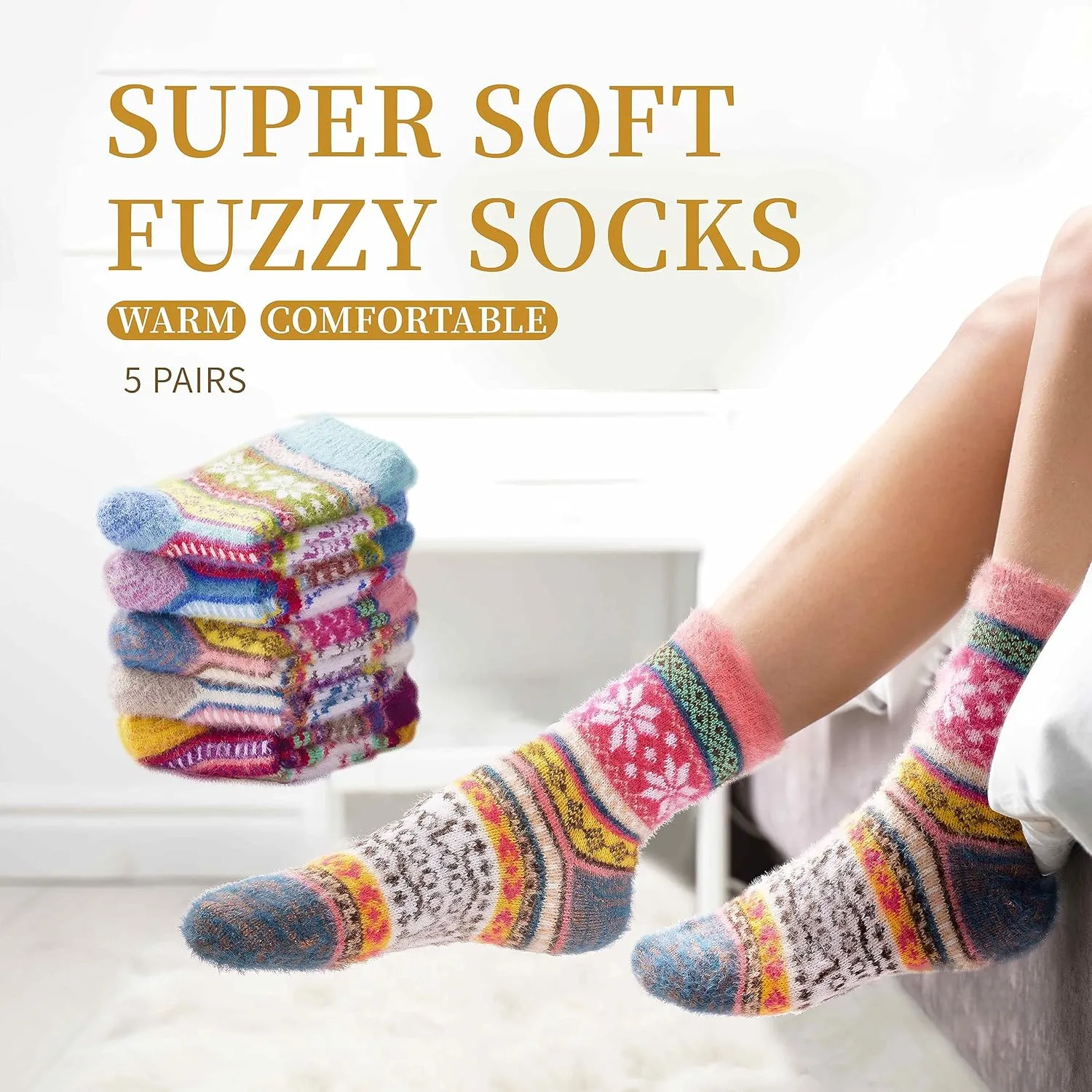 SISOSOCK 5 Pairs Fuzzy Cozy Warm Socks for Women Winter Wool Thick Casual Home Sleeping Soft Comfy Socks Gifts for Women