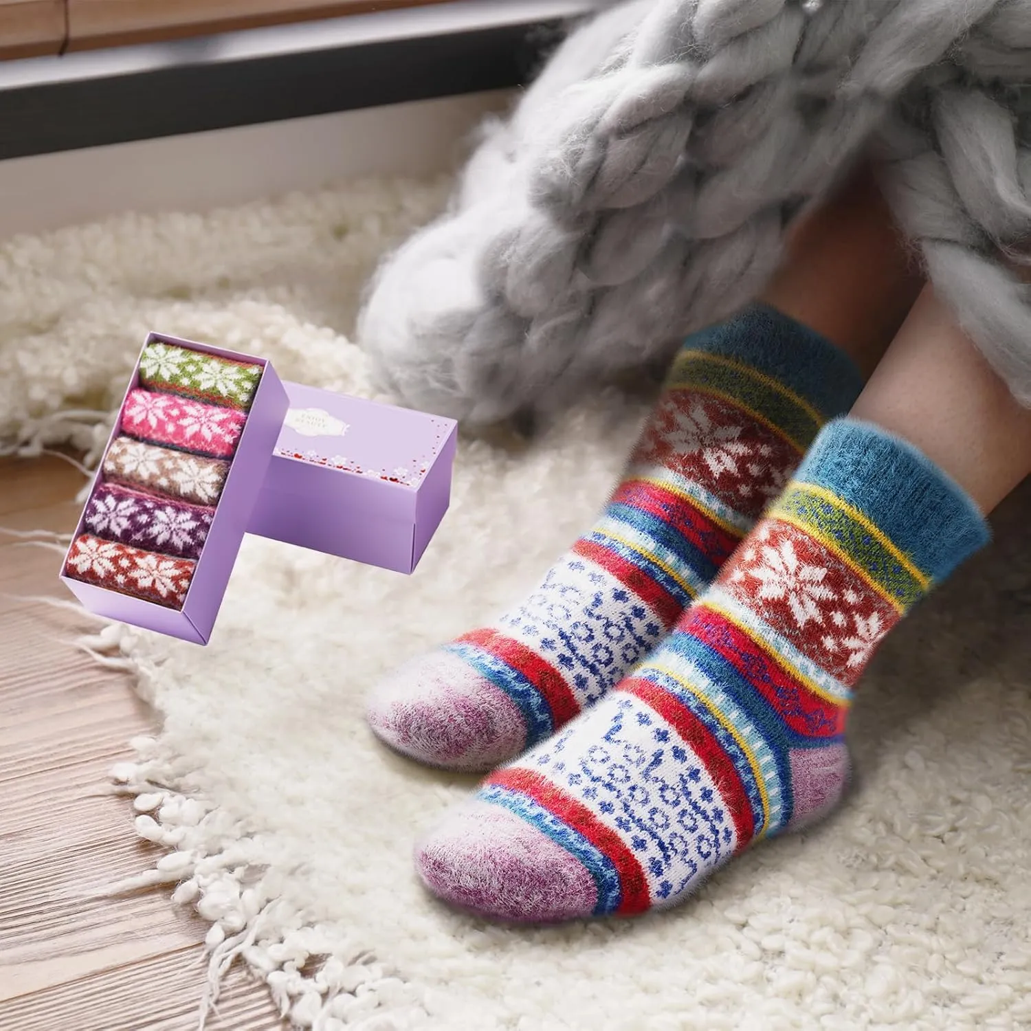 SISOSOCK 5 Pairs Fuzzy Cozy Warm Socks for Women Winter Wool Thick Casual Home Sleeping Soft Comfy Socks Gifts for Women