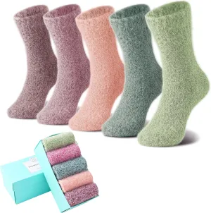 SISOSOCK 5 Pairs Fuzzy Cozy Warm Socks for Women Winter Wool Thick Casual Home Sleeping Soft Comfy Socks Gifts for Women