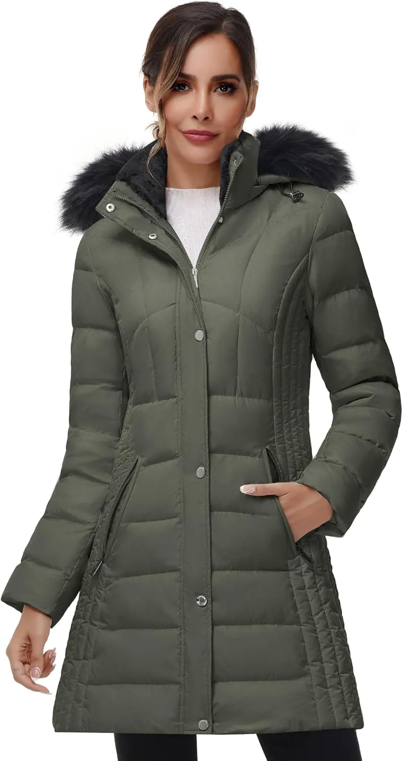 SLOW DOWN Women Winter Down Puffer Coat Warm Hooded Mid-Length Down Jacket for Women with Faux Fur Trim Hood and Pile Collar