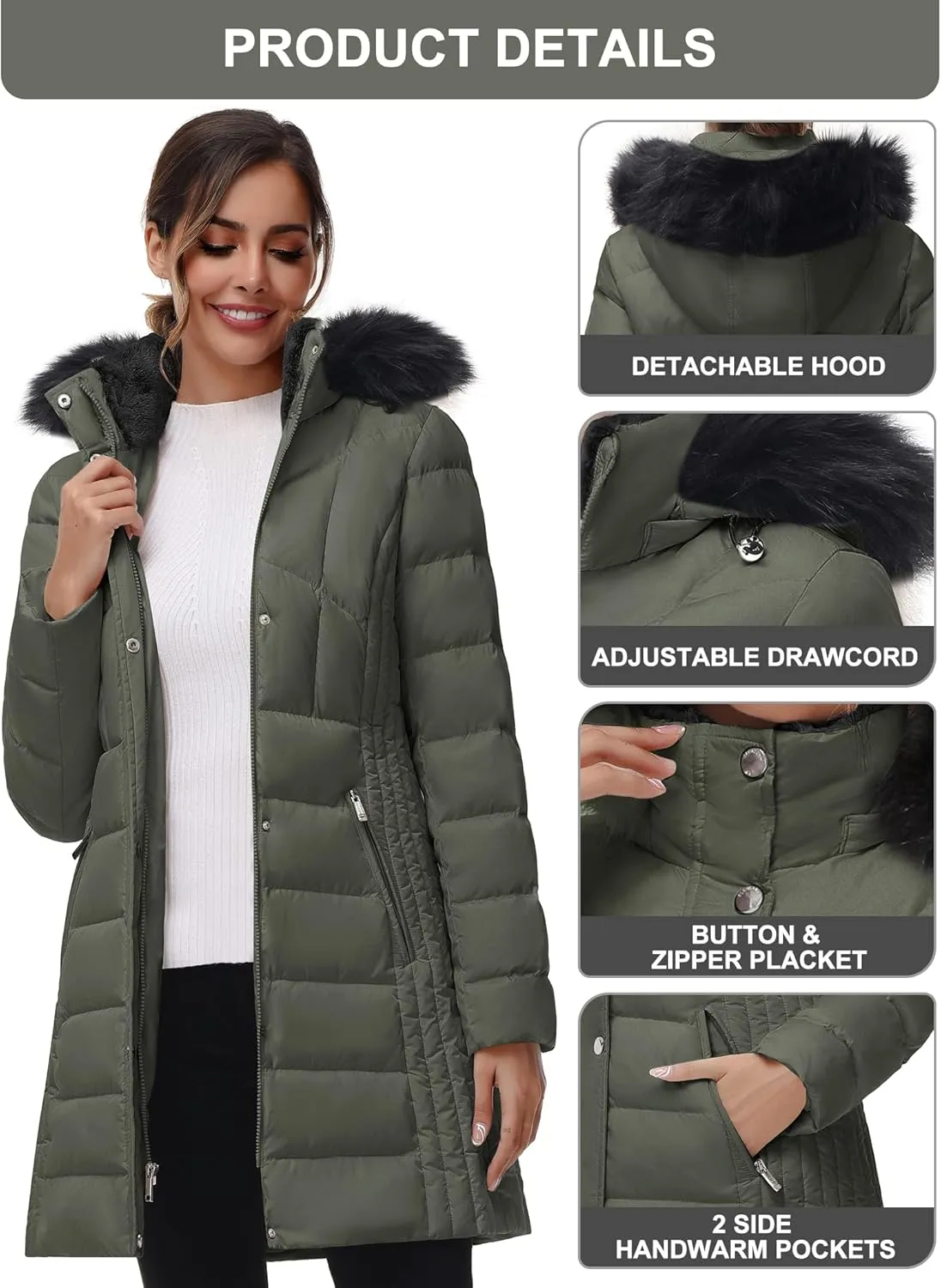 SLOW DOWN Women Winter Down Puffer Coat Warm Hooded Mid-Length Down Jacket for Women with Faux Fur Trim Hood and Pile Collar
