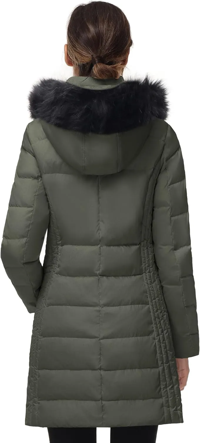 SLOW DOWN Women Winter Down Puffer Coat Warm Hooded Mid-Length Down Jacket for Women with Faux Fur Trim Hood and Pile Collar