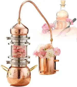 Small Alembic Still, Pure Copper Alembic Still Kit with 2L Double Clamp Design Water Cooling 2*Heating Methods Beautiful Craftsmanship for Essential Oils Hydrosol
