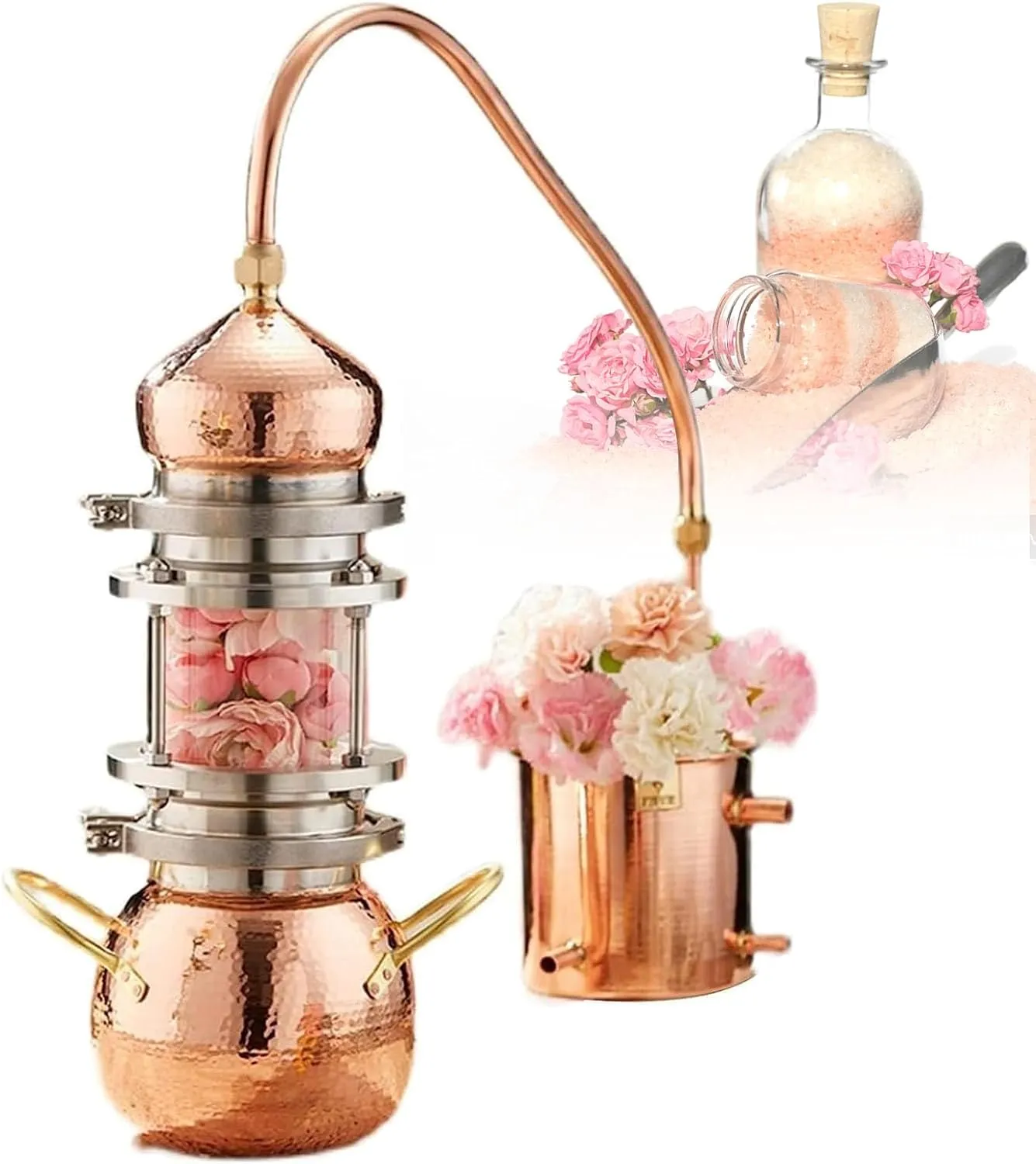 Small Alembic Still, Pure Copper Alembic Still Kit with 2L Double Clamp Design Water Cooling 2*Heating Methods Beautiful Craftsmanship for Essential Oils Hydrosol
