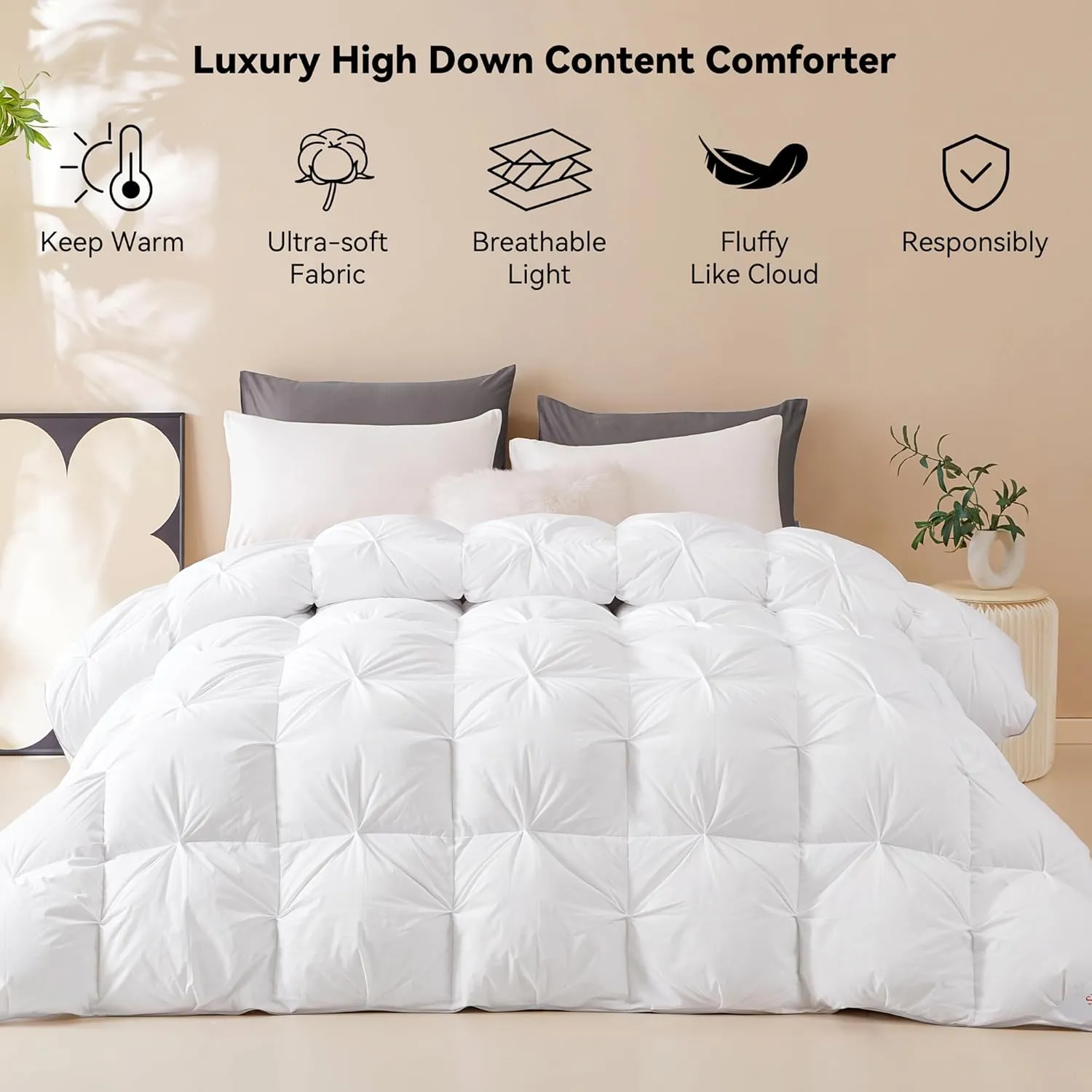 SNOWMAN Premium Down Comforter King Size, Luxurious All Season Duvet Insert with Cotton Blended Fabric, 44oz Fill Weight Pinch Pleat Design Hotel Bedding Comforter (White,106"x90")