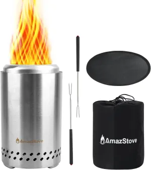 Spinning Flame Tabletop Fire Pit by AmazStove, Low Smoke Stove Outdoor Safe Burning Firepits, Fueled Pellets or Wood, Travel Bag&mat&Forks Included, 10 x 6 Silver