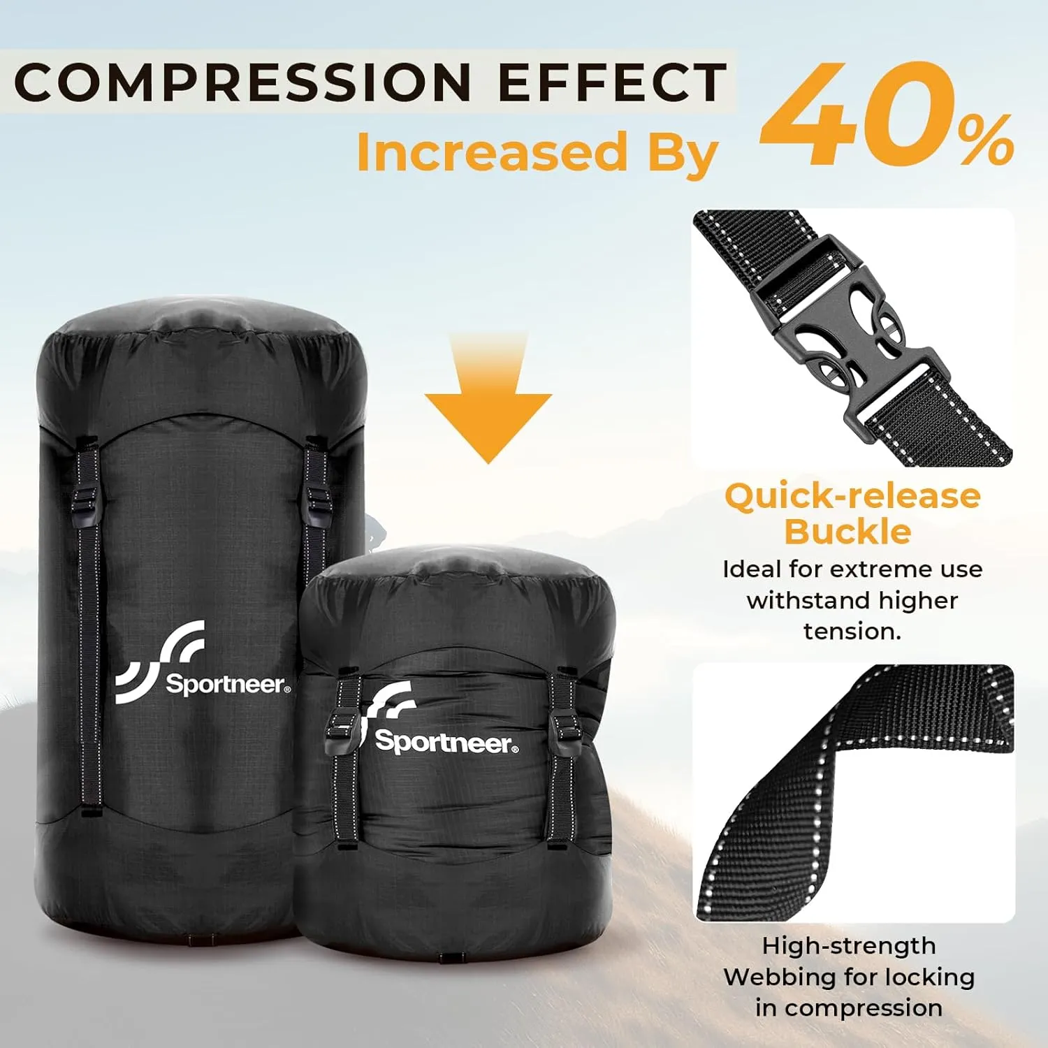 Sportneer Compression Sack, 13L/20L/40L/50L Sleeping Bag Stuff Sack, Tear-Resistant Ultralight Sleeping Bag Compression Sack-Space Saving Gear for Camping Hiking Travel