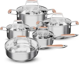 Stainless Steel Cookware Set, 5 Ply Pots and Pans Set 10 Piece, Fry Pan, Saucepan, Sauce pots, Compatible with induction all stovetops, PFOS PFOA Free Dishwasher Safe