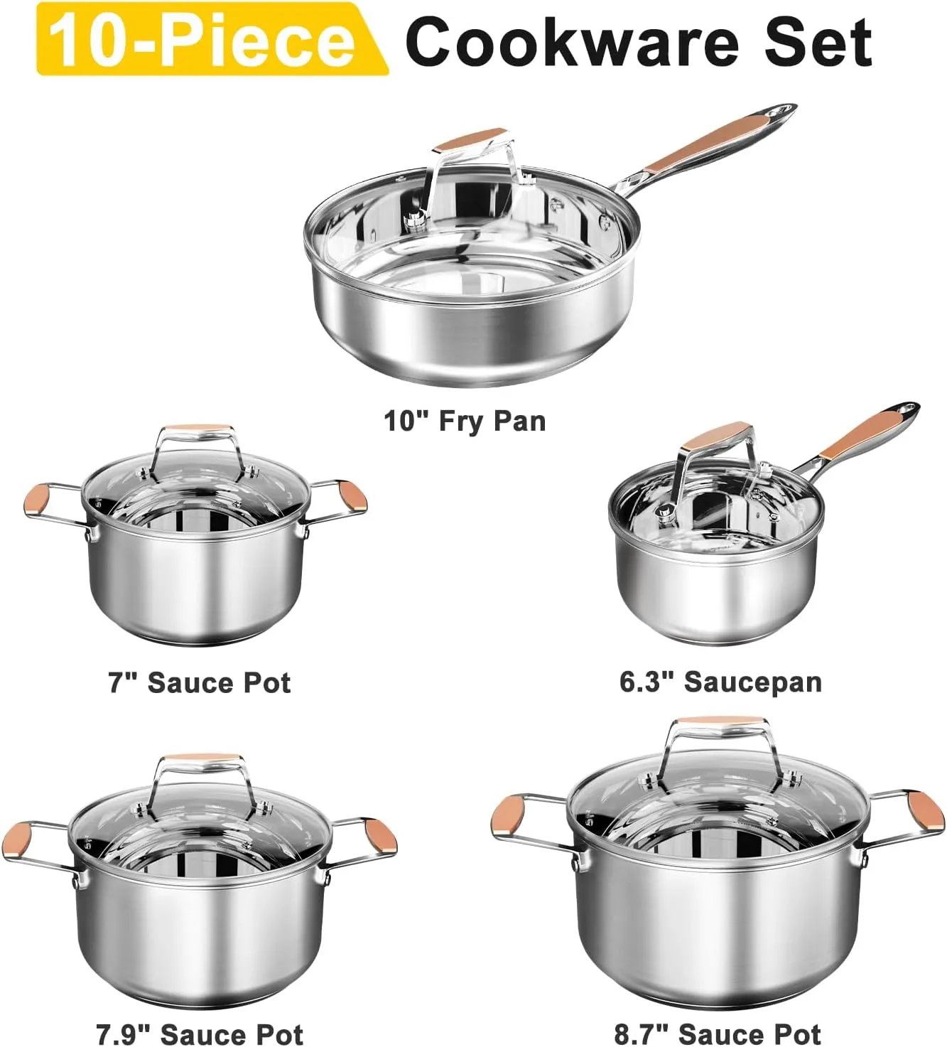 Stainless Steel Cookware Set, 5 Ply Pots and Pans Set 10 Piece, Fry Pan, Saucepan, Sauce pots, Compatible with induction all stovetops, PFOS PFOA Free Dishwasher Safe
