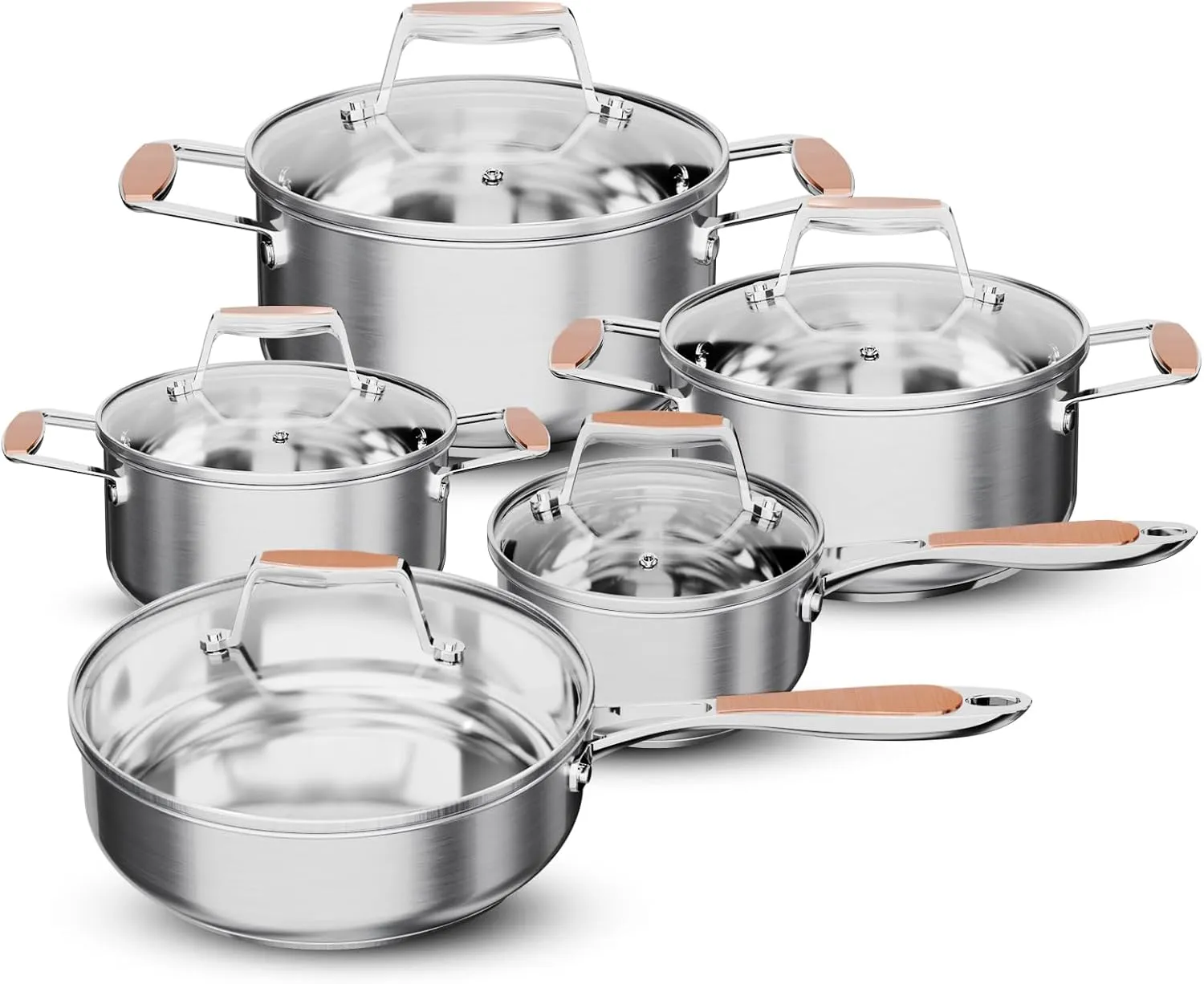 Stainless Steel Cookware Set, 5 Ply Pots and Pans Set 10 Piece, Fry Pan, Saucepan, Sauce pots, Compatible with induction all stovetops, PFOS PFOA Free Dishwasher Safe