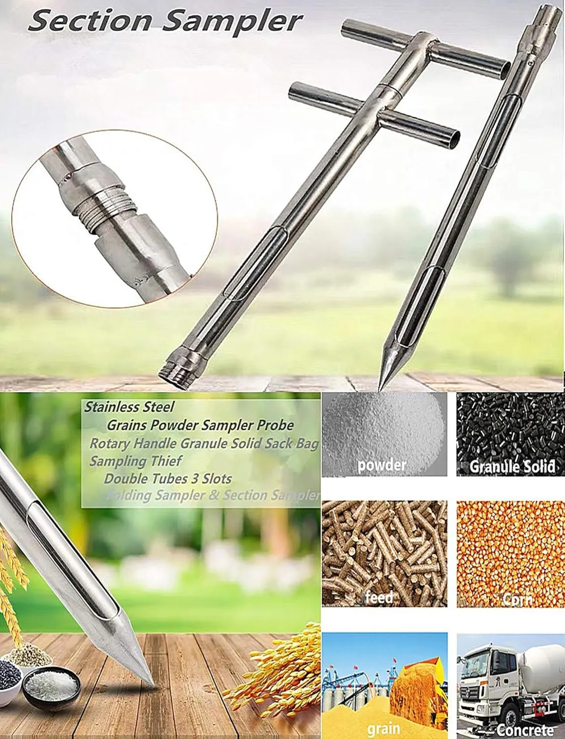 Stainless Steel Grains Powder Sampler Probe Rotary Handle Granule Solid Sack Bag Sampling Thief Double Tubes 3 Slots(3.8cm,L 200CM)
