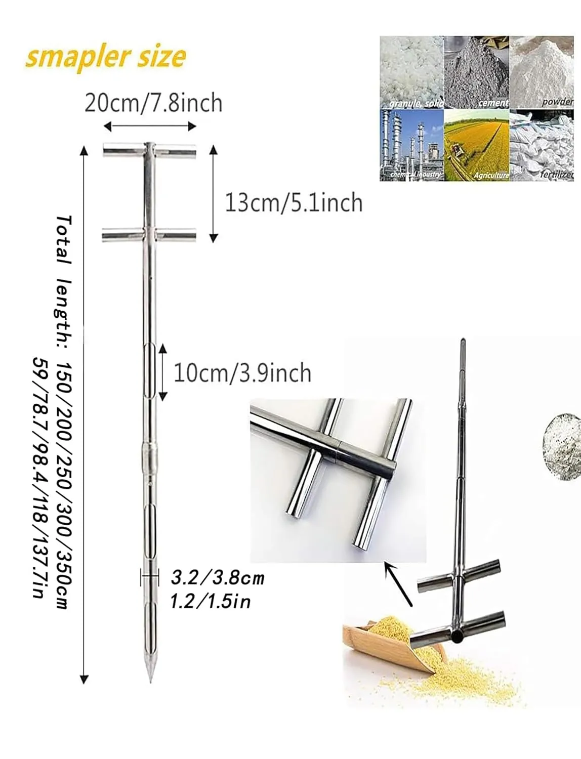 Stainless Steel Grains Powder Sampler Probe Rotary Handle Granule Solid Sack Bag Sampling Thief Double Tubes 3 Slots(3.8cm,L 200CM)