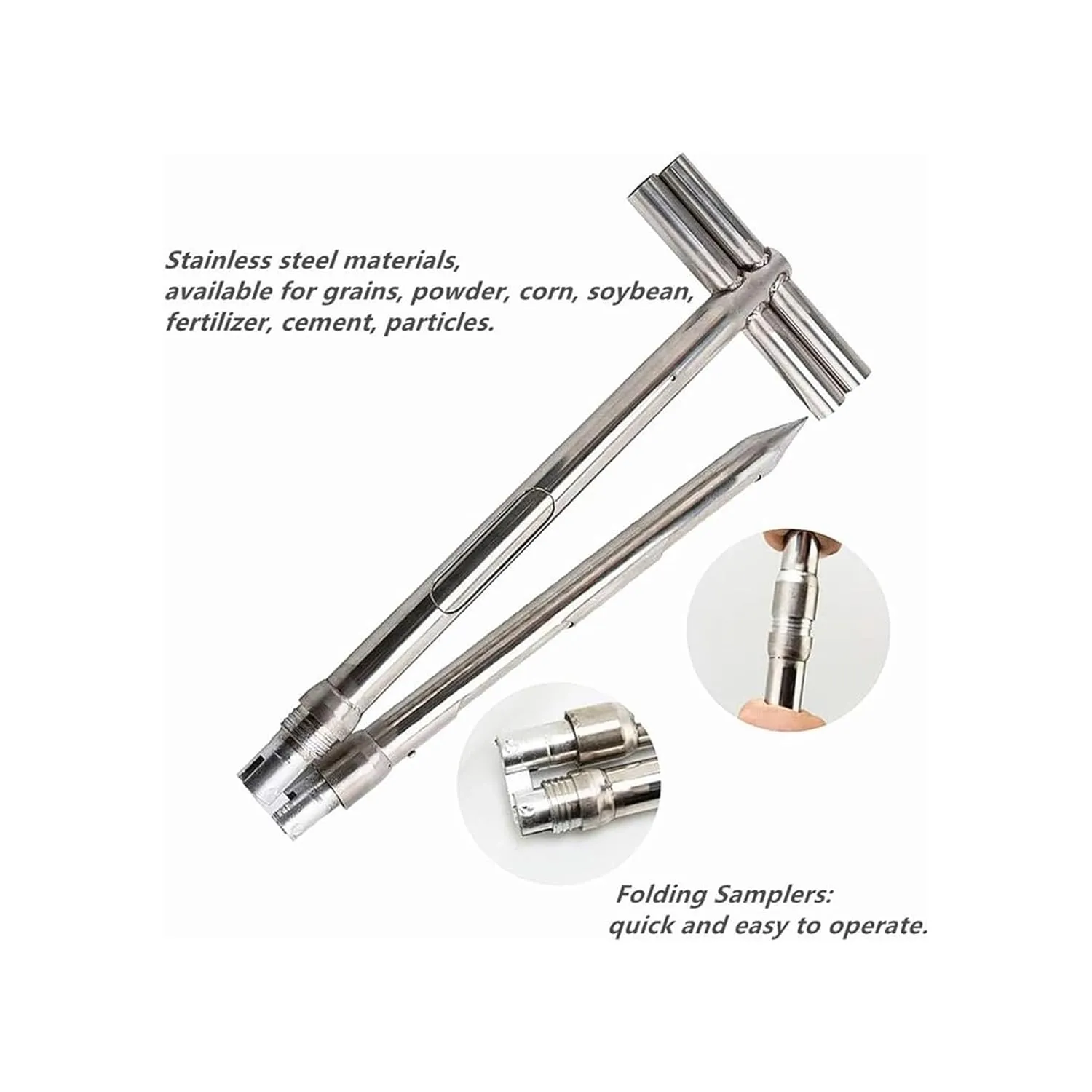 Stainless Steel Grains Powder Sampler Probe Rotary Handle Granule Solid Sack Bag Sampling Thief Double Tubes 3 Slots(Folding Sampler,38mmx 2m)