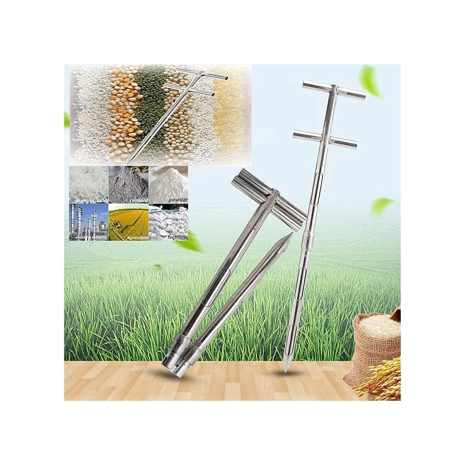 Stainless Steel Grains Powder Sampler Probe Rotary Handle Granule Solid Sack Bag Sampling Thief Double Tubes 3 Slots(Folding Sampler,38mmx 2m)