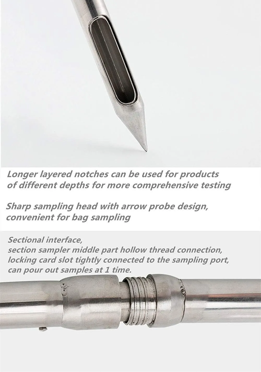 Stainless Steel Grains Powder Sampler Probe Rotary Handle Granule Solid Sack Bag Sampling Thief Double Tubes 3 Slots(Size:38mmx 2m /1.5X 78.7inch,Color:Section Sampler)