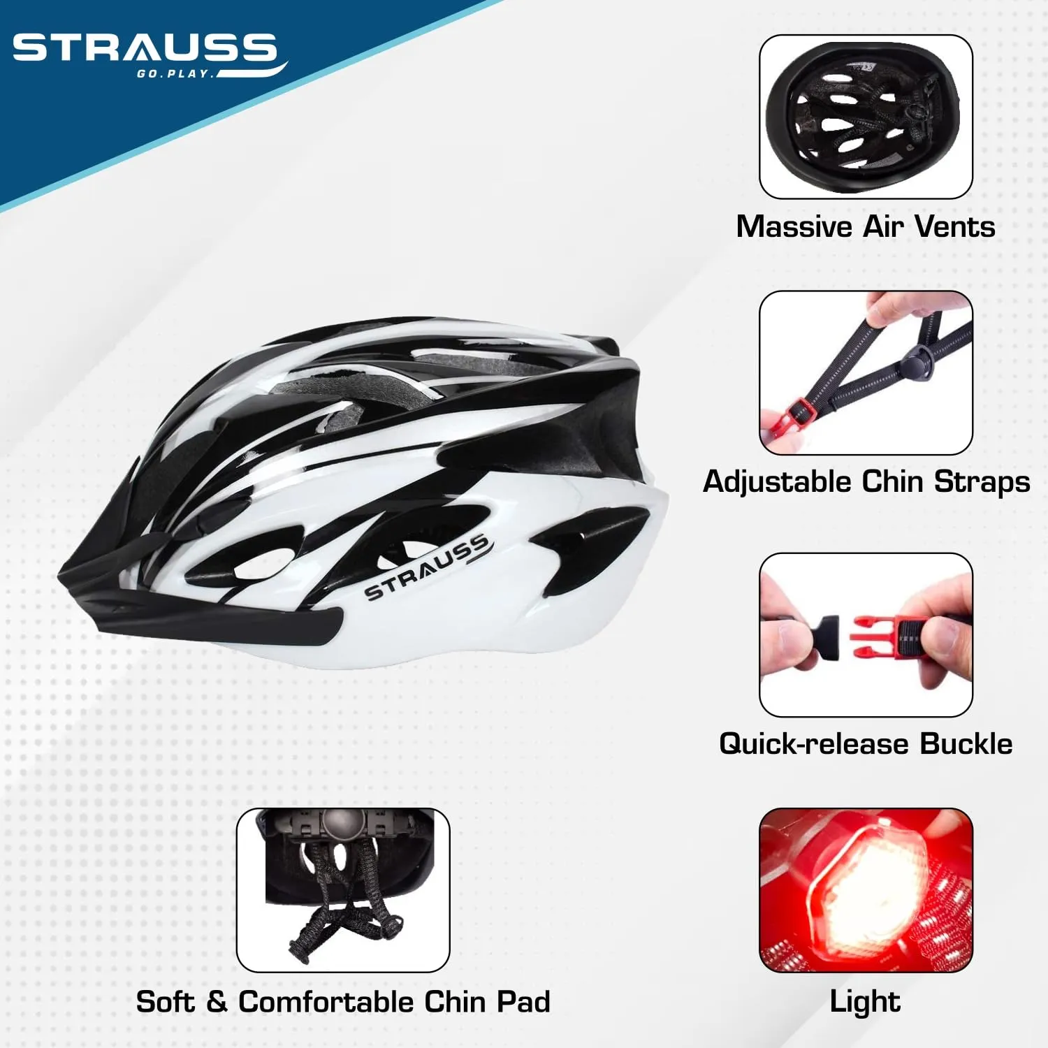 Strauss Cycling Helmet: Lightweight with Superior Ventilation | Adjustable Strap | Black/White