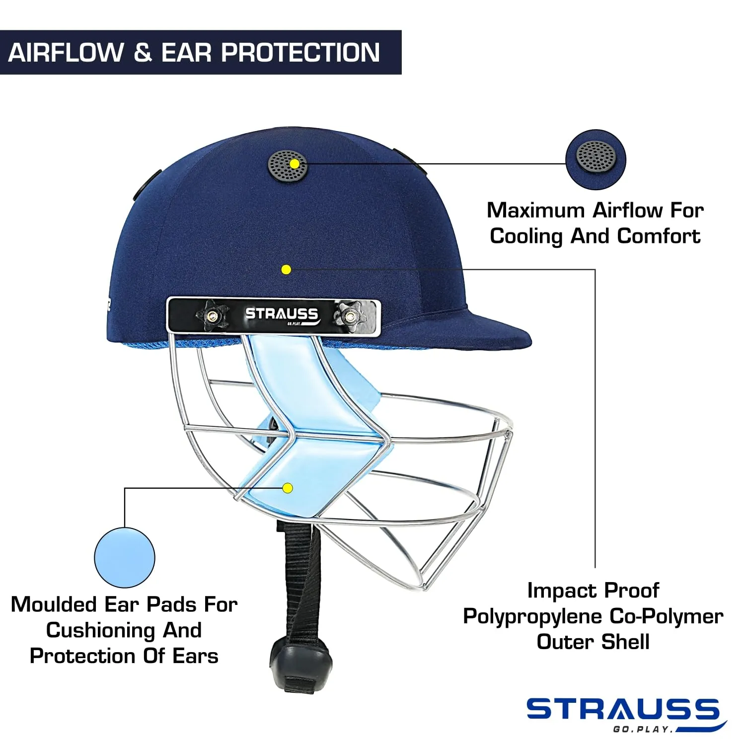 StraussCricket Helmet Supreme: Optimal Protection | Lightweight, Comfortable | Size: M (15 ) | Blue