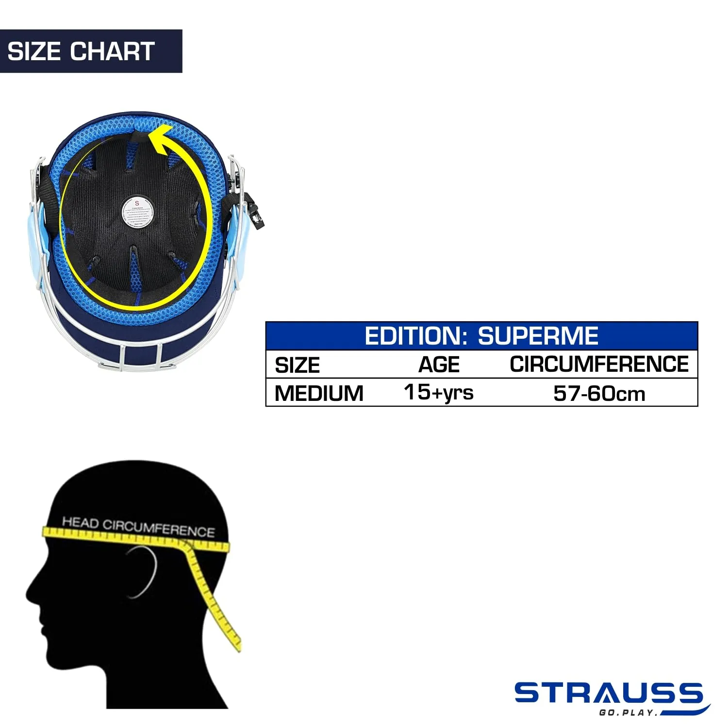 StraussCricket Helmet Supreme: Optimal Protection | Lightweight, Comfortable | Size: M (15 ) | Blue