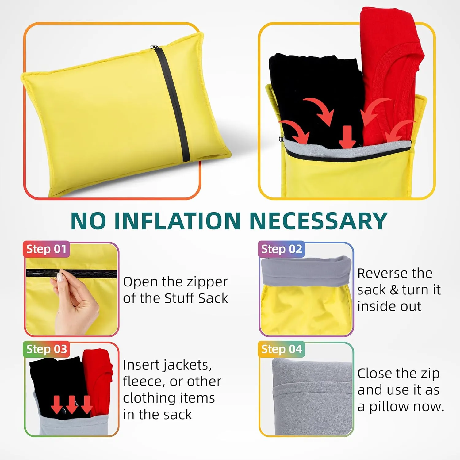 Stuffable Camping Pillow Stuff Sack (Small, Yellow, 2-Pack) - 10 x 14 - for Hiking, Backpacking and Travel Bring Your Own Stuffing