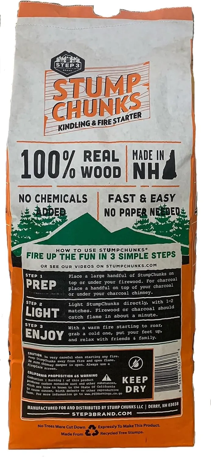 Stump Chunks: SC-15 1.5 Cu Ft Kindling & Fire Starter - Natural Fire Kindling Wood Sticks & Firewood Starter - Firestarter Sticks from Recycled Tree Stumps - Large Bag