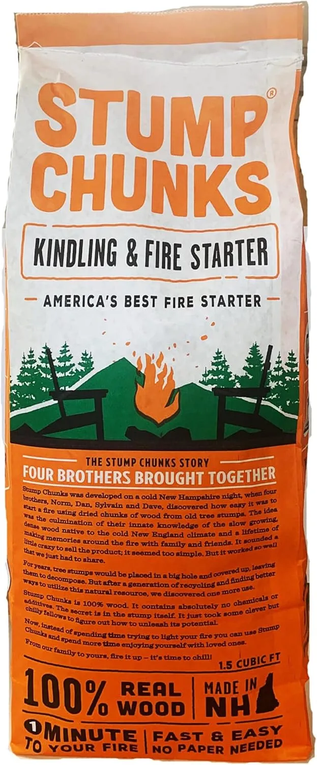 Stump Chunks: SC-15 1.5 Cu Ft Kindling & Fire Starter - Natural Fire Kindling Wood Sticks & Firewood Starter - Firestarter Sticks from Recycled Tree Stumps - Large Bag