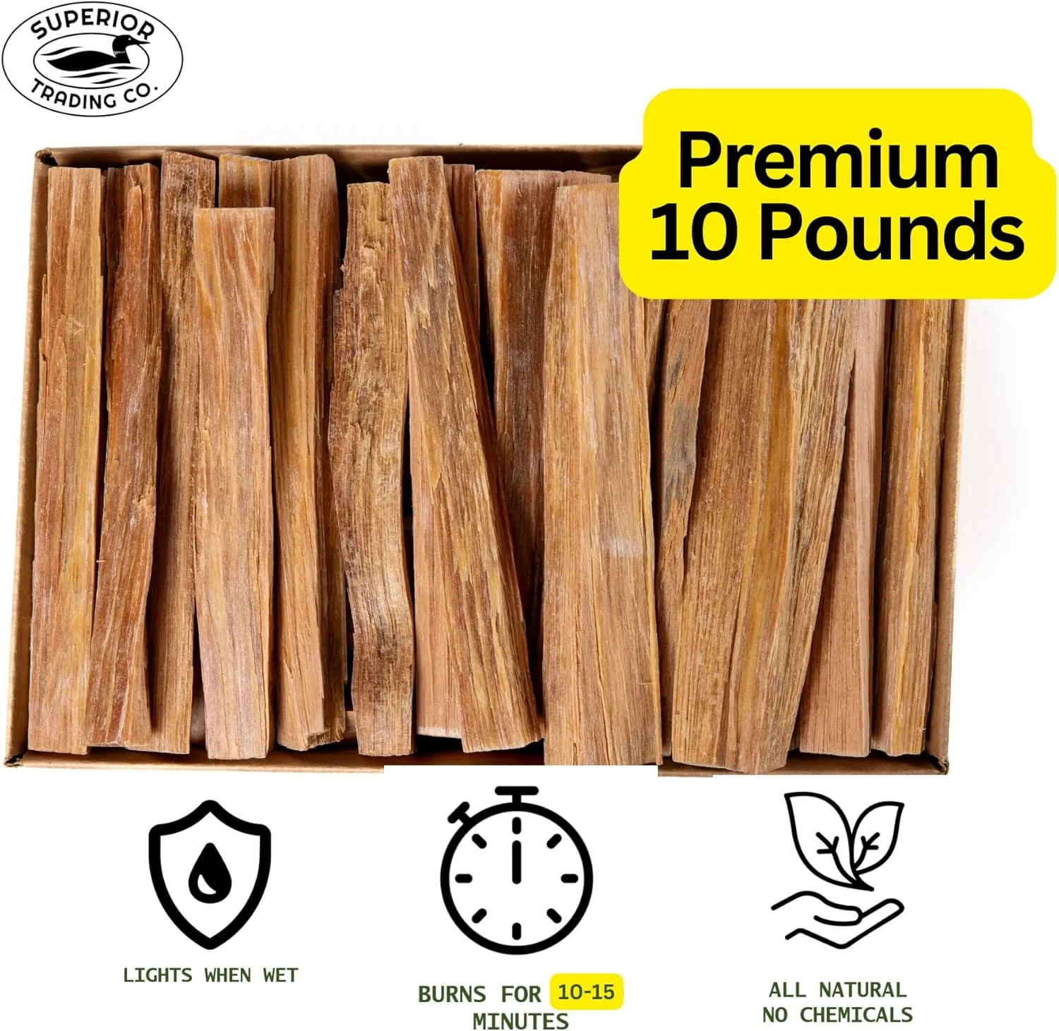 Superior Trading Premium Fatwood Fire Starter Sticks, Natural Kindling for Fireplaces, Wood Stoves, Winter Camping Fire Starter, Fire Lights, 10 lbs