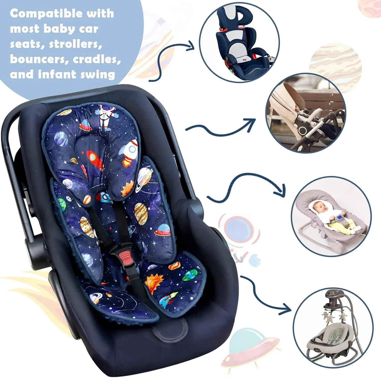 SWESEN Baby Car Seat Head & Body Support, Infant Carseat Insert, Newborn Headrest Cushion for Strollers, Bouncers, Swing, Space Planet