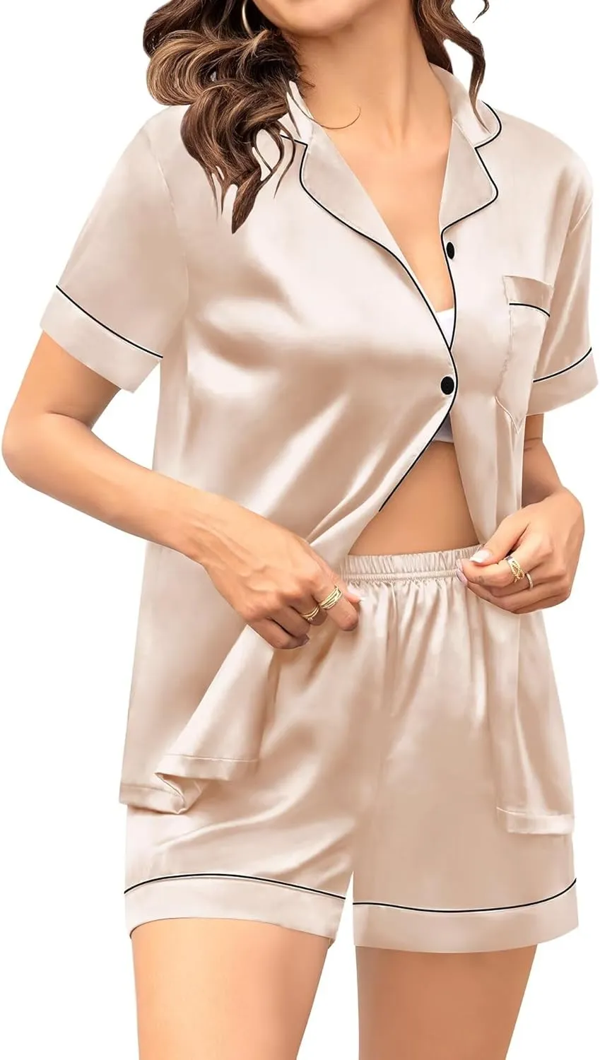 SWOMOG Couple Silk Satin Pajama Set Women & Men Short Sleeve 2pc Pjs Button Down Sleepwear Loungewear