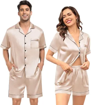 SWOMOG Couple Silk Satin Pajama Set Women & Men Short Sleeve 2pc Pjs Button Down Sleepwear Loungewear