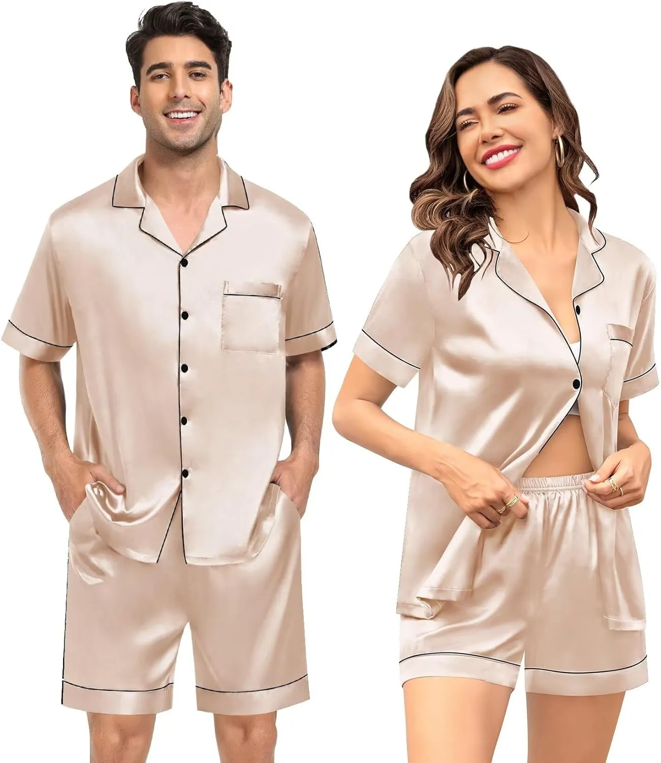 SWOMOG Couple Silk Satin Pajama Set Women & Men Short Sleeve 2pc Pjs Button Down Sleepwear Loungewear