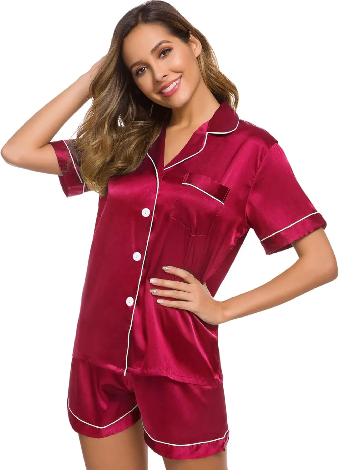SWOMOG Womens Silk Satin Pajamas Set Short Sleeve Sleepwear Button Down Top and Shorts Loungewear 2 Piece Pjs Set XS-3XL
