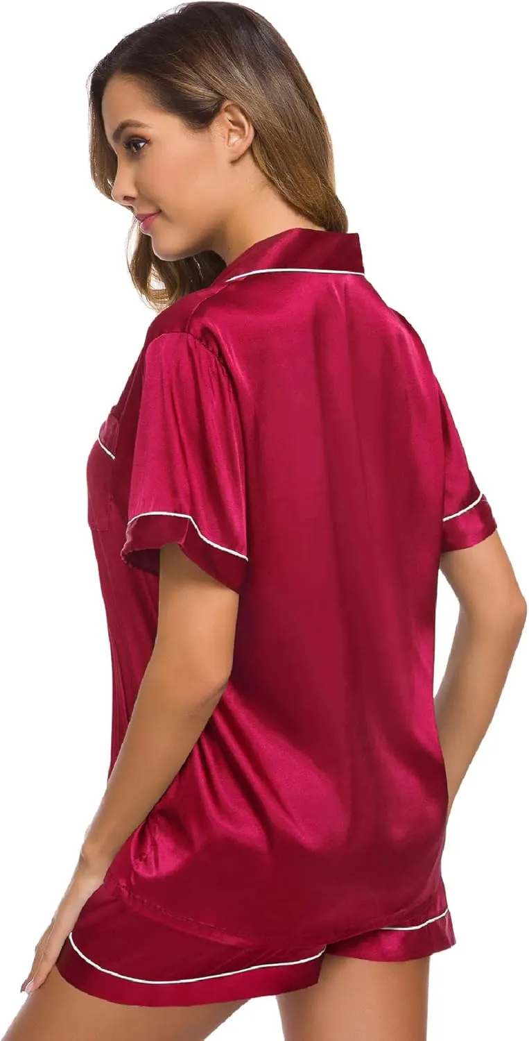 SWOMOG Womens Silk Satin Pajamas Set Short Sleeve Sleepwear Button Down Top and Shorts Loungewear 2 Piece Pjs Set XS-3XL