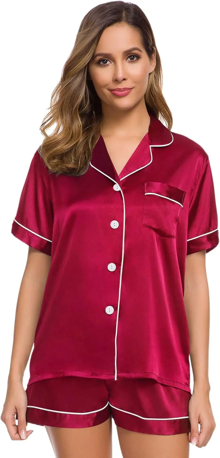 SWOMOG Womens Silk Satin Pajamas Set Short Sleeve Sleepwear Button Down Top and Shorts Loungewear 2 Piece Pjs Set XS-3XL