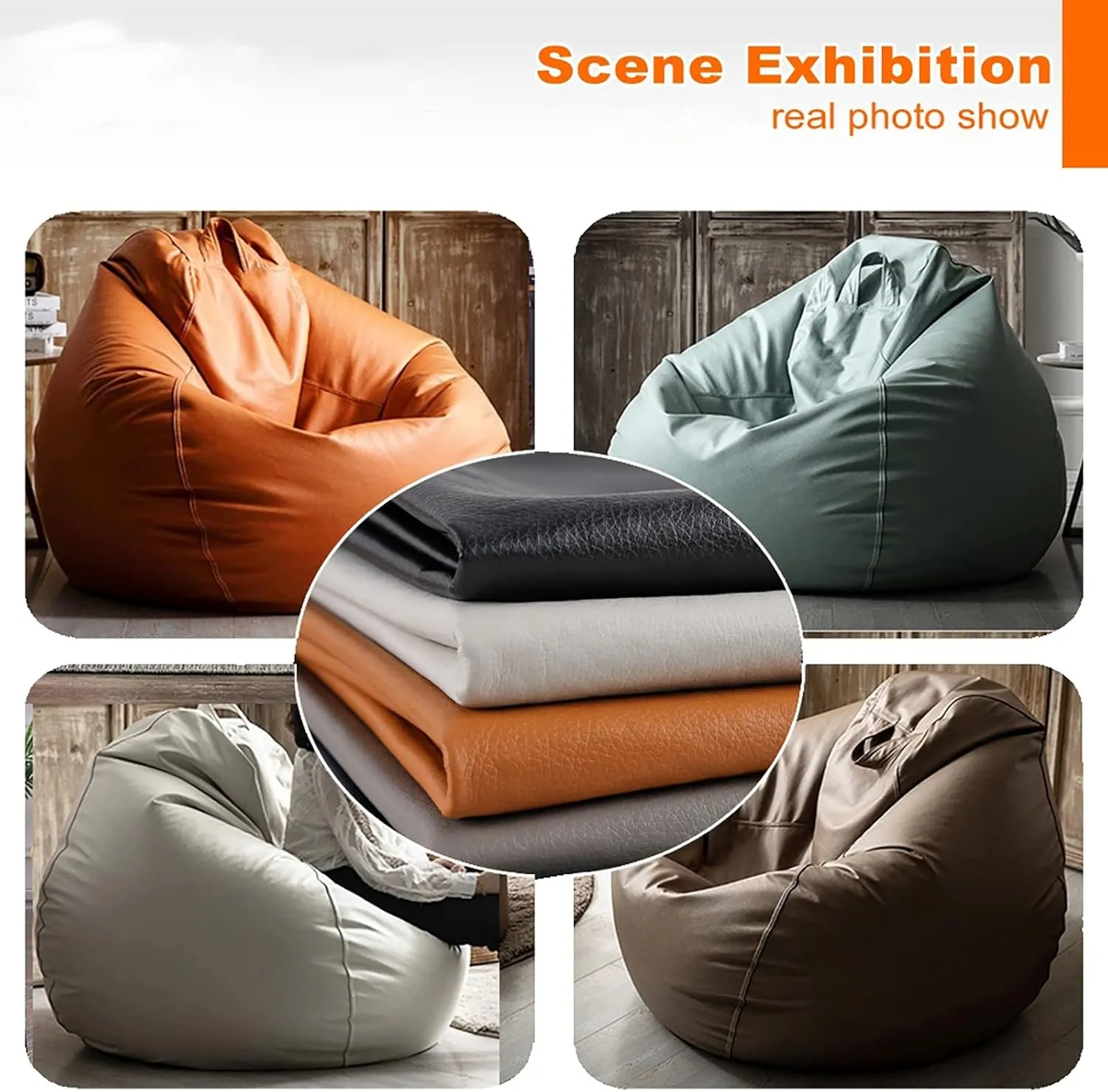 SXBCyan Big Luxury Sofa Pouf Cover Faux Leather Waterproof Lazy Bean Bag Chair No Filler Outdoor Beanbag Couch Puff (Color : Khaki, Size : 100CM)