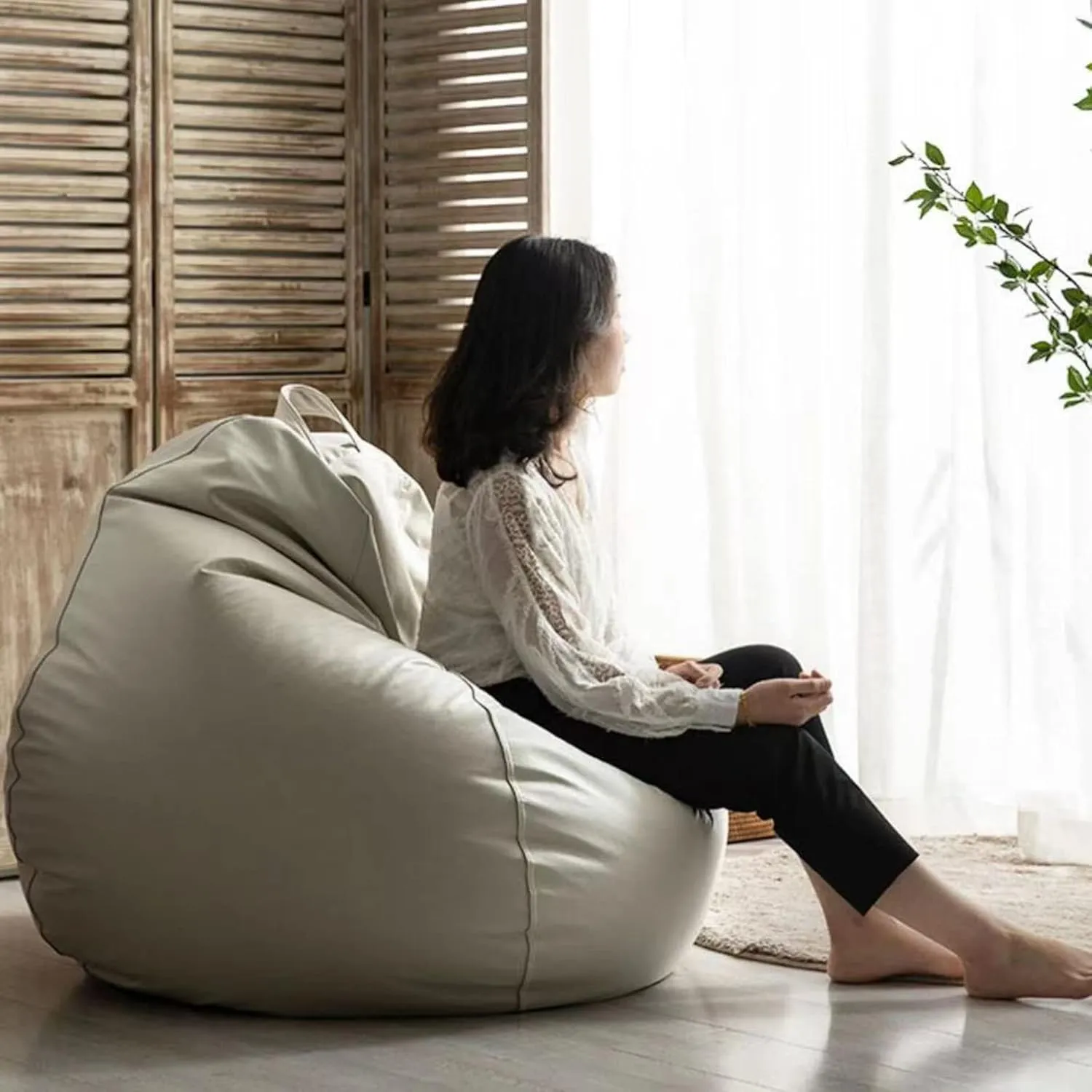 SXBCyan Big Luxury Sofa Pouf Cover Faux Leather Waterproof Lazy Bean Bag Chair No Filler Outdoor Beanbag Couch Puff (Color : Khaki, Size : 100CM)