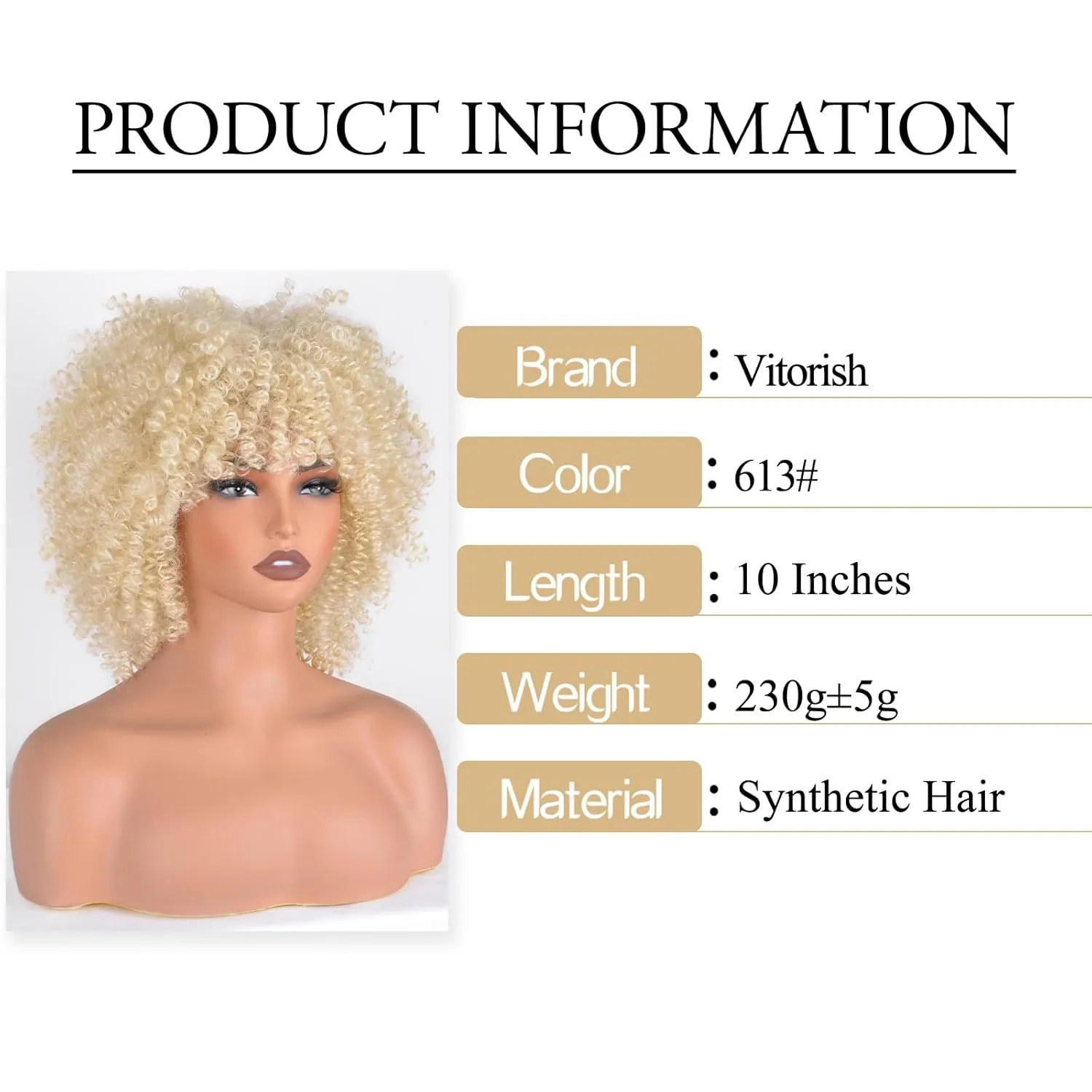 Synthetic Hair Wigs Blonde Short Curly Afro Wig with Bangs Natural Afro Kinky Curly Synthetic Hair Wig 10 Inches about 230g/Piece Heat Resistant Hair Replacement Wigs (Gold)