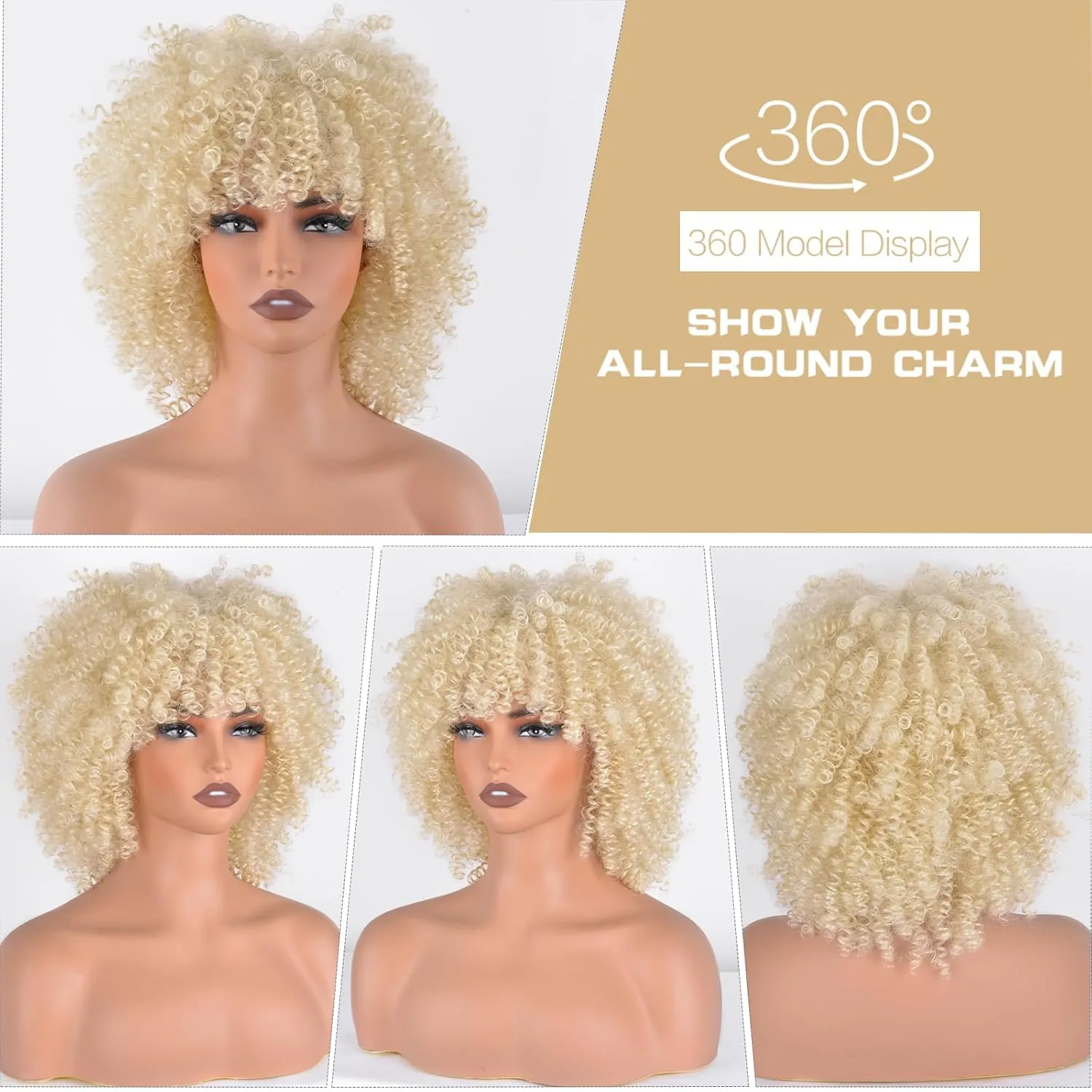 Synthetic Hair Wigs Blonde Short Curly Afro Wig with Bangs Natural Afro Kinky Curly Synthetic Hair Wig 10 Inches about 230g/Piece Heat Resistant Hair Replacement Wigs (Gold)