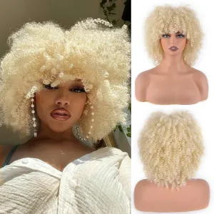 Synthetic Hair Wigs Blonde Short Curly Afro Wig with Bangs Natural Afro Kinky Curly Synthetic Hair Wig 10 Inches about 230g/Piece Heat Resistant Hair Replacement Wigs (Gold)