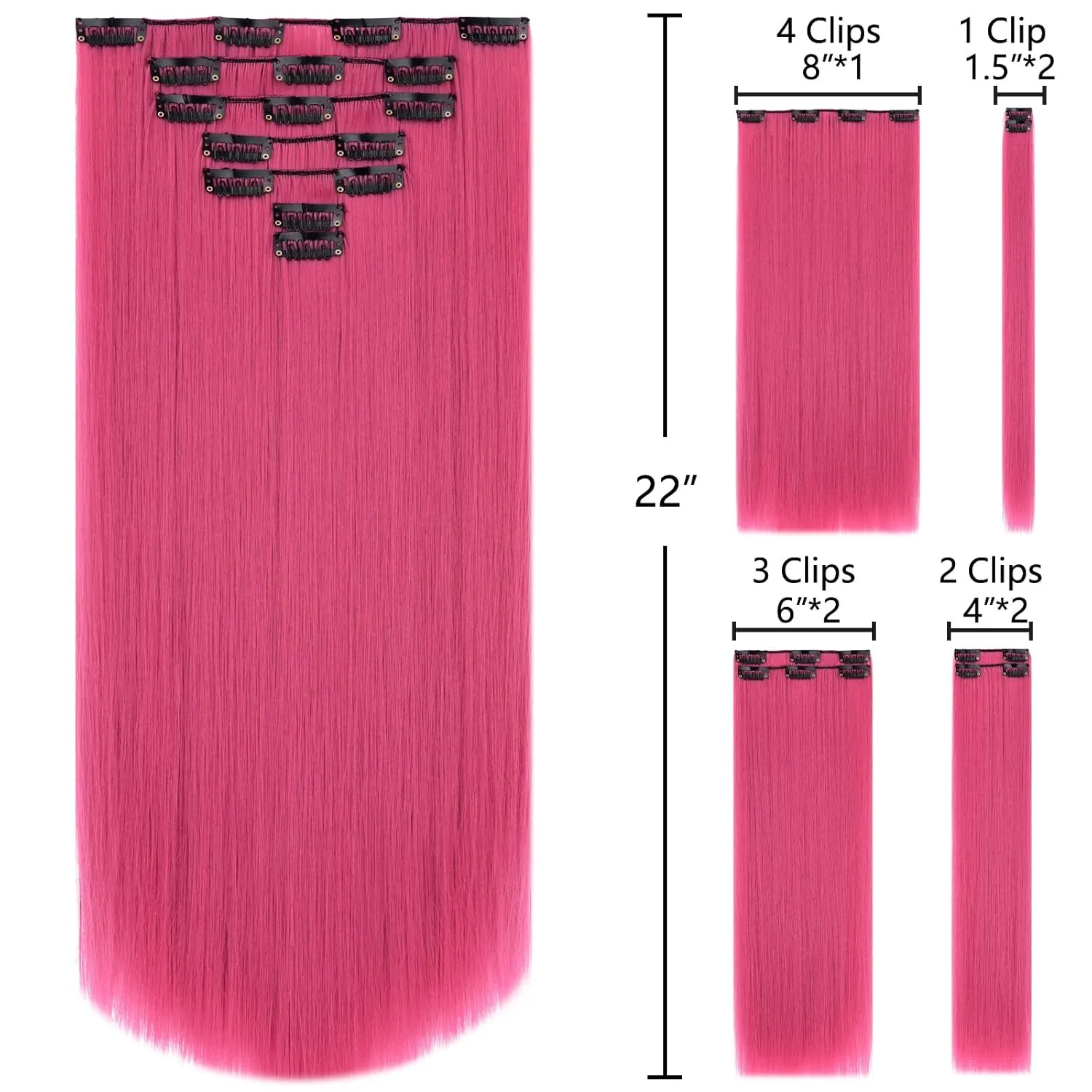 SYXLCYGG Dark Pink Hair Extension Clip Extensions 22" Straight Synthetic Hair Piece Women Cheap Natural Fluffy&Not Tangled Girl colorful Full Head