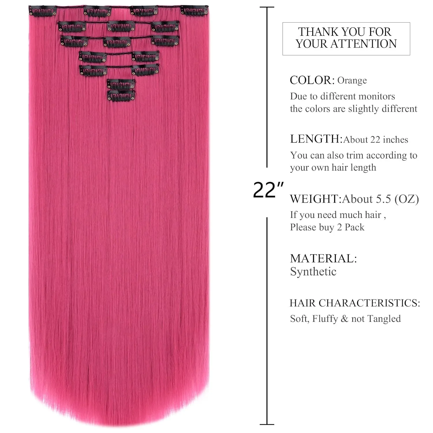 SYXLCYGG Dark Pink Hair Extension Clip Extensions 22" Straight Synthetic Hair Piece Women Cheap Natural Fluffy&Not Tangled Girl colorful Full Head