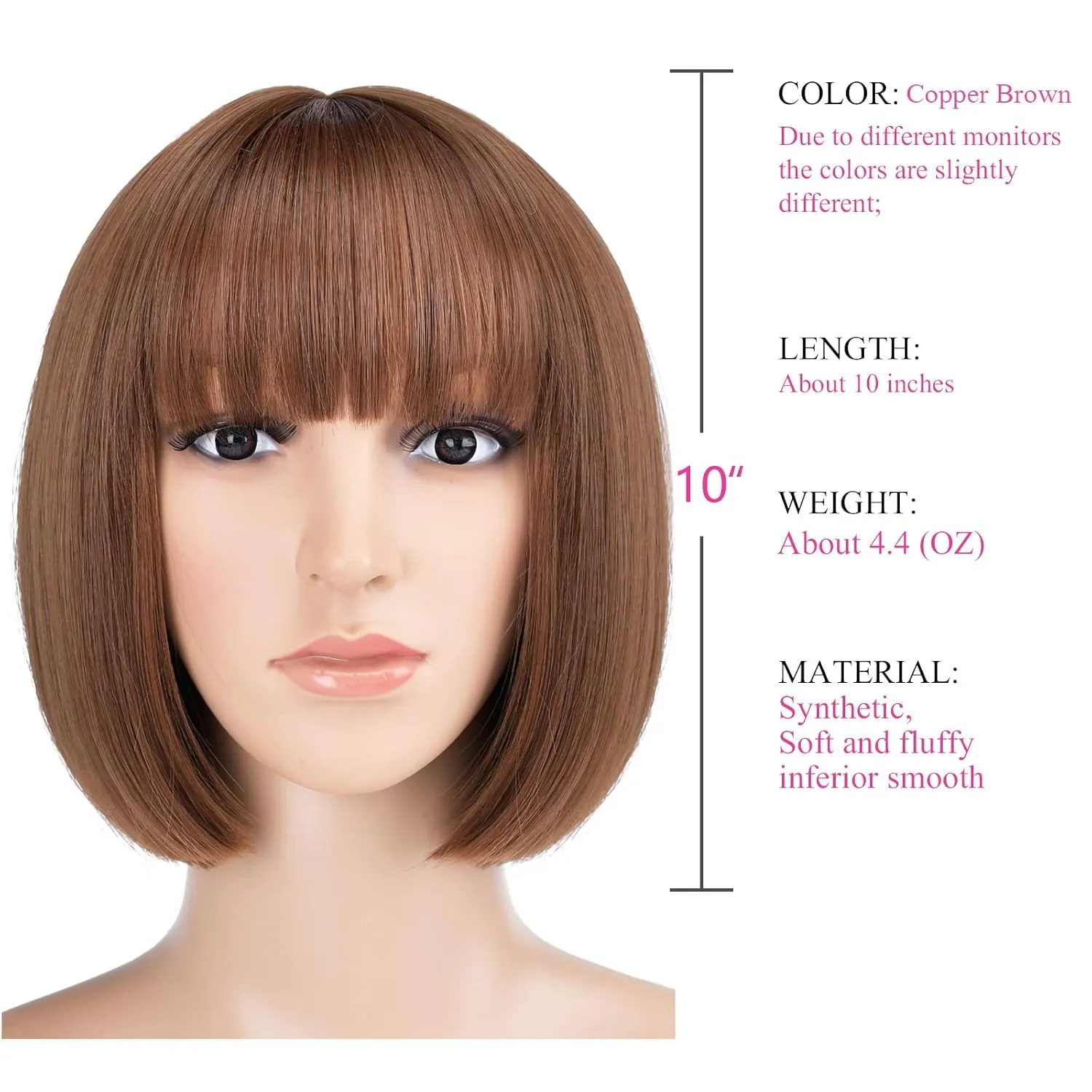 SYXLCYGG Short Brown Wigs Bob Wig With Bangs Synthetic 10" Straight Womens Hair Wigs Girl Cosplay Party White Women Daily (Free Wig Cap)