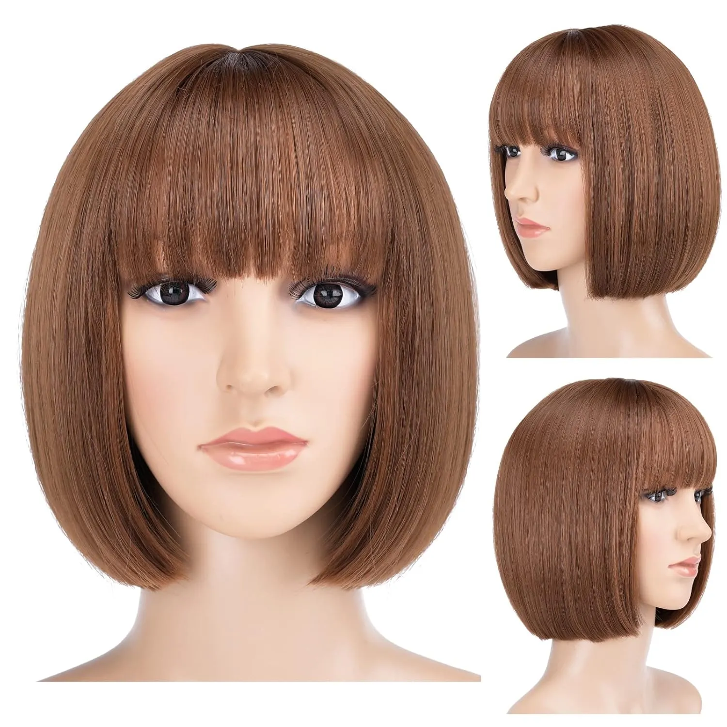 SYXLCYGG Short Brown Wigs Bob Wig With Bangs Synthetic 10" Straight Womens Hair Wigs Girl Cosplay Party White Women Daily (Free Wig Cap)