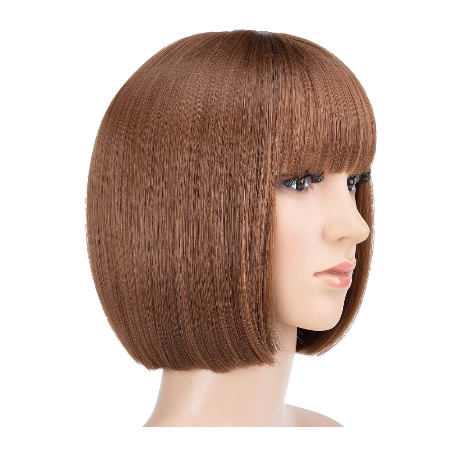 SYXLCYGG Short Brown Wigs Bob Wig With Bangs Synthetic 10" Straight Womens Hair Wigs Girl Cosplay Party White Women Daily (Free Wig Cap)
