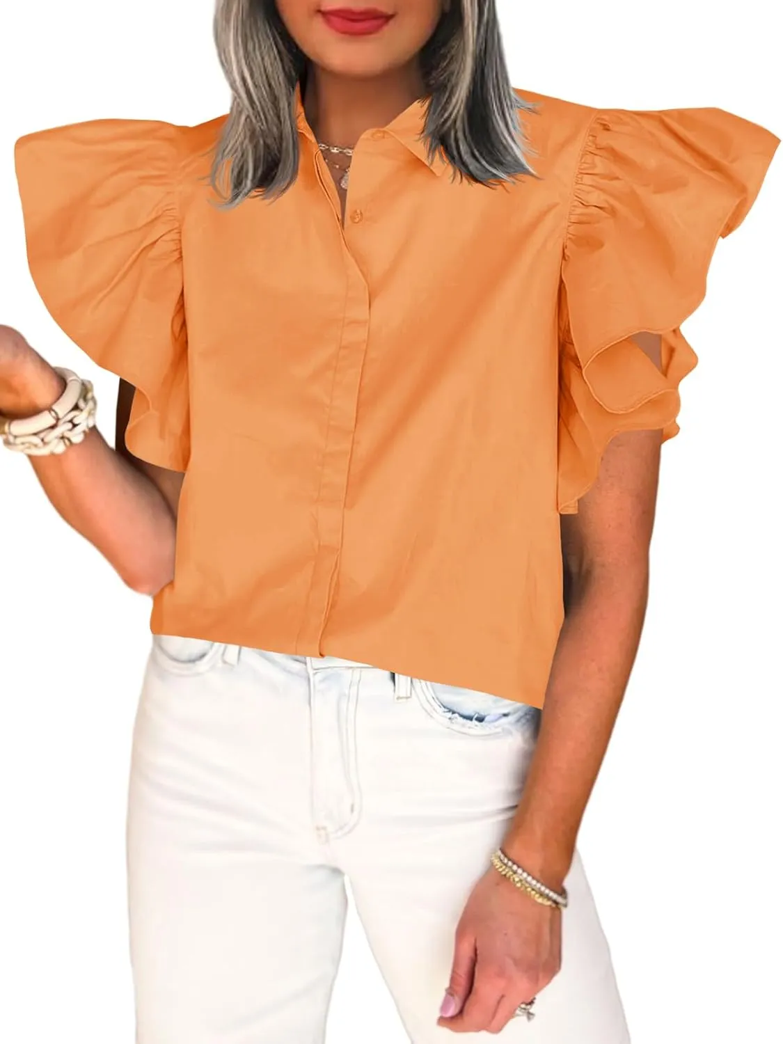 Tankaneo Womens Ruffle Button Down Shirts Cute Summer Short Sleeve Tops Blouse