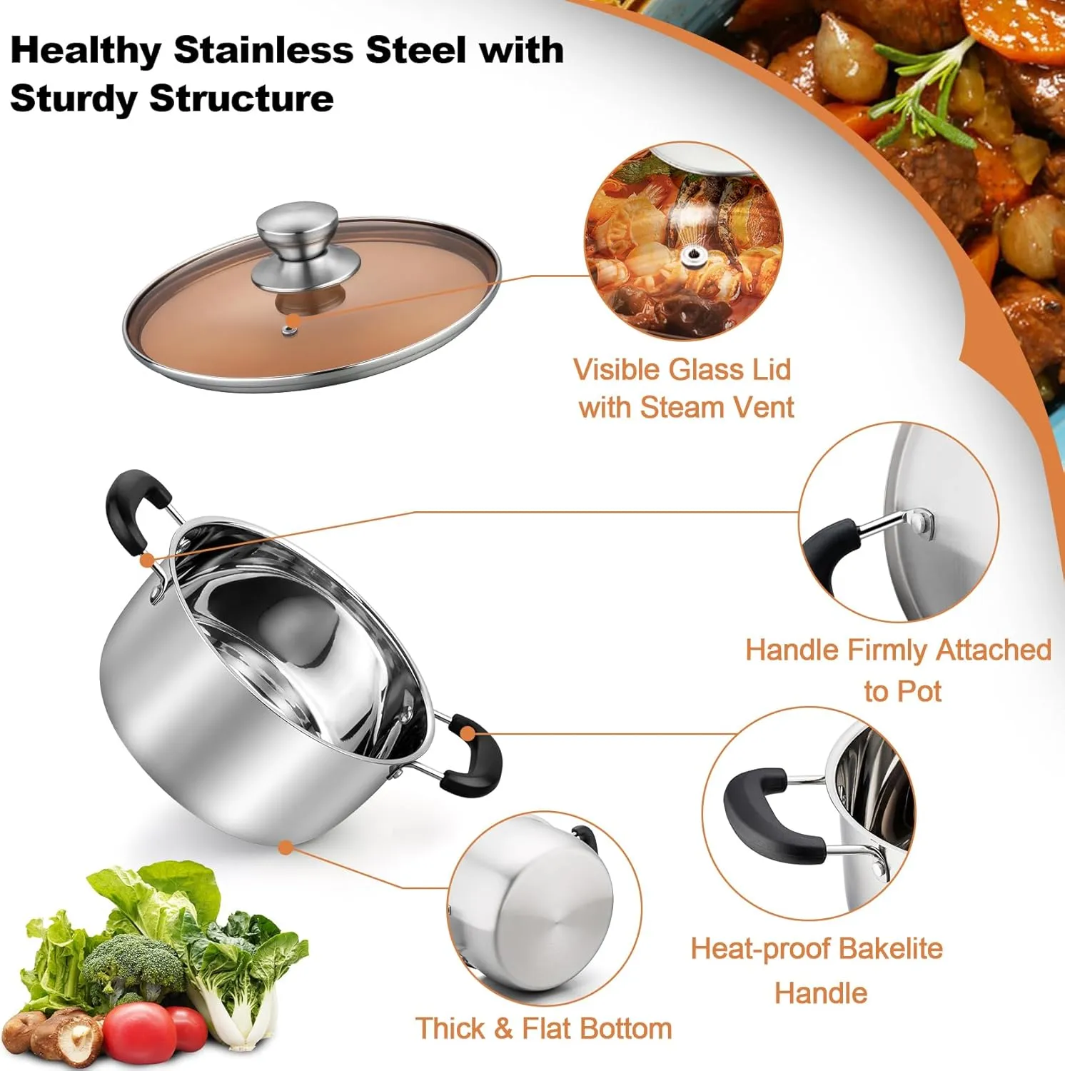 TeamFar Stock Pot 4qt, Stainless Steel Stock Soup Pasta Pot with Lid, Double Heatproof Handles, Non Toxic & Healthy, Easy Clean & Dishwasher Safe