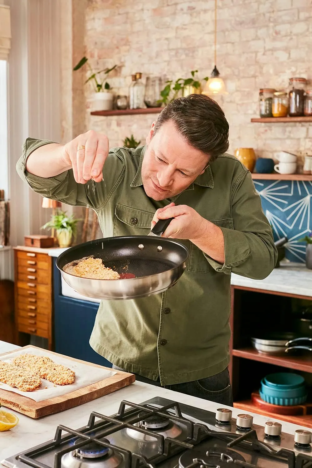Tefal Jamie Oliver E51204AZ Frying Pan 24 cm Non-Stick Induction Stainless Steel Riveted Handle with Silicone Insert Thermal Signal Durable