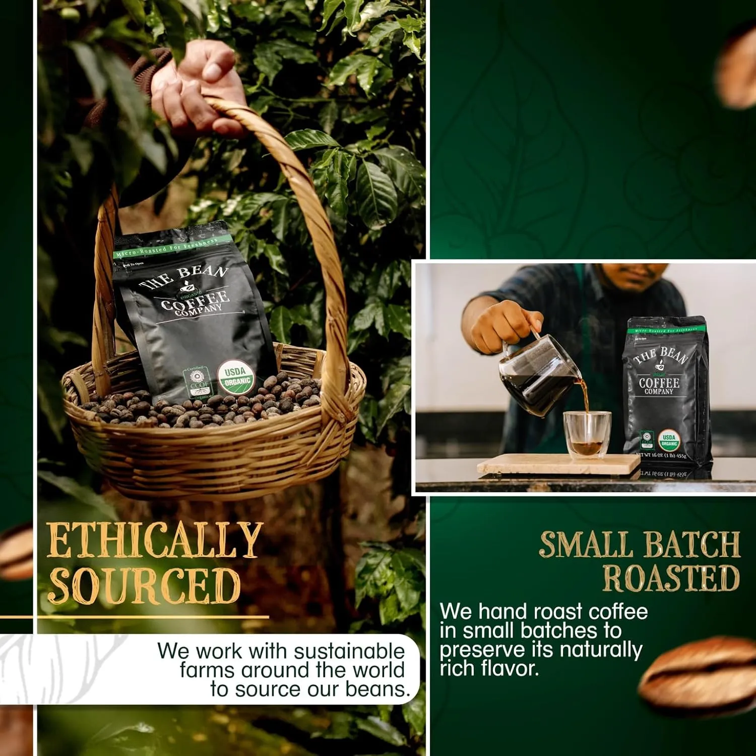 The Bean Organic Coffee Company South America, Medium Roast, Ground Coffee, 5-Pound Bag, Café molido tostado orgánico